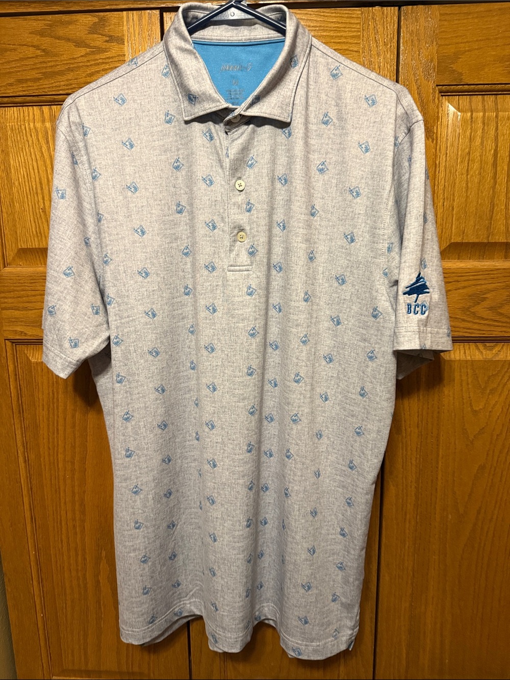 johnnie-O Light Gray Polo with Blue Micro Motif-size Med- Embroidered on Sleeve